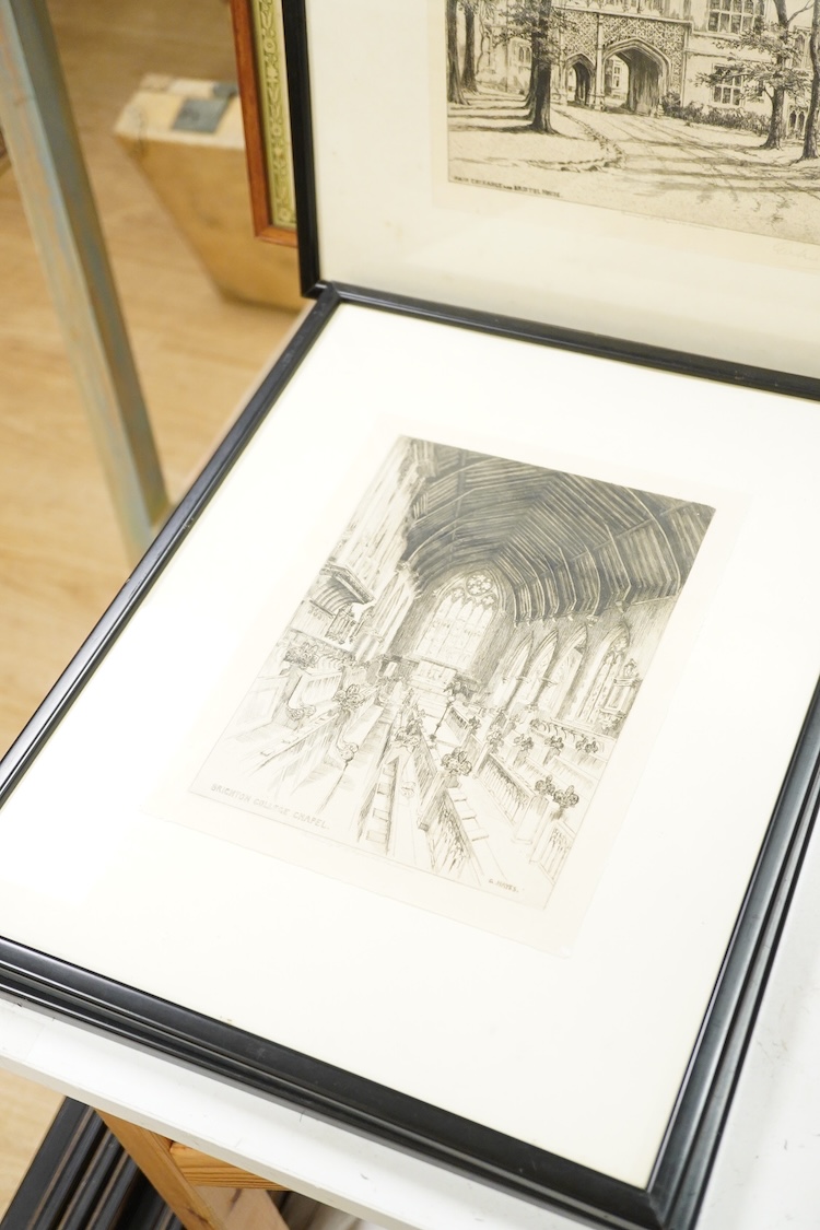 A collection of six Brighton interest prints to include five by Gertrude Hayes, three pencil signed and two titled ‘Brighton College Chapel’ and ‘Brighton College’, 66 x 50cm